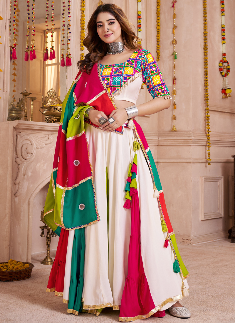 Multicolor Mirror Work Navratri Lehenga Choli with Handmade Patch Dupatta