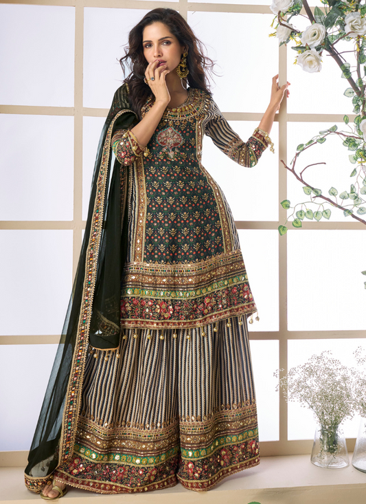 Black & Gold Viscose Crepe Silk Embroidered Sharara Suit with Zari & Gota Patti