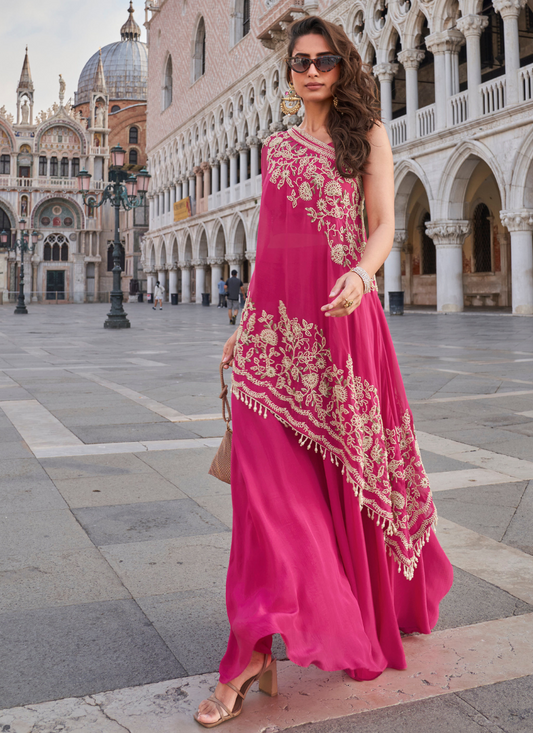 Designer Pink Crepe Silk Indo-Western Embroidered Shrug with Palazzo