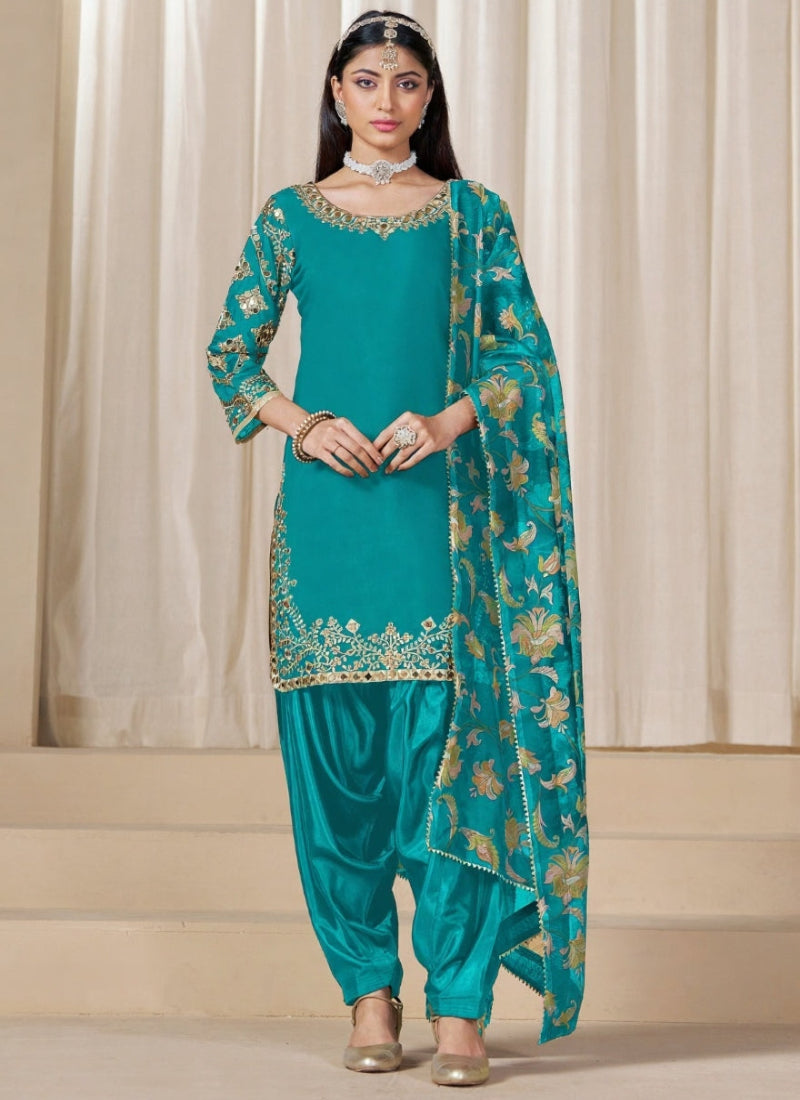 Teal Roman Silk Punjabi Salwar Suit with Mirror & Embroidery Work and Chanderi Dupatta – Indian Pakistani Wedding & Festival Wear for Women and Girls