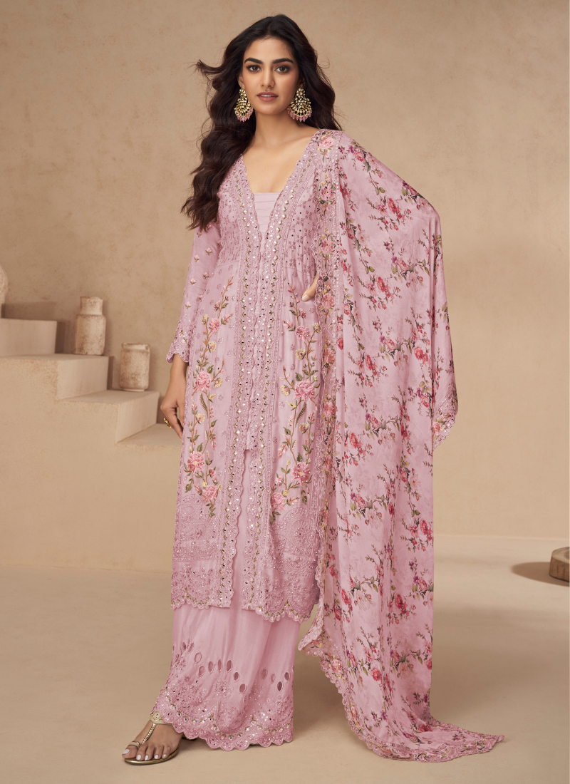 Pink Chinnon Silk Embroidered Palazzo Suit with Dupatta for Pakistani Wedding and Indian Festival