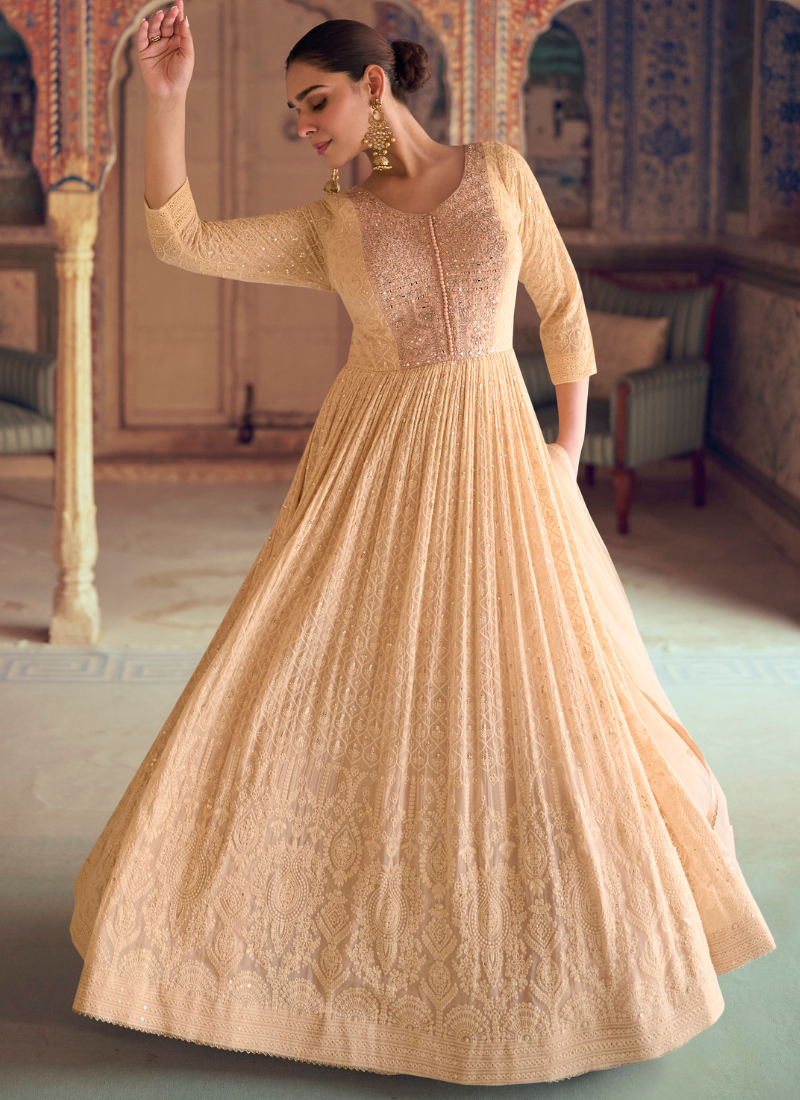 Peach Chikankari Gown with Dupatta for Indian Festivals and Pakistani Weddings