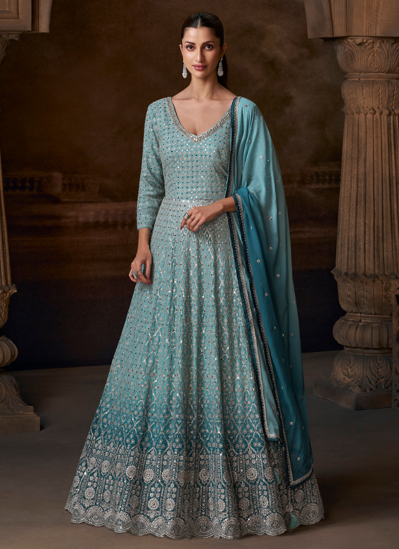 Sky Blue Chinon Silk Party Wear Anarkali Suit with Dupatta