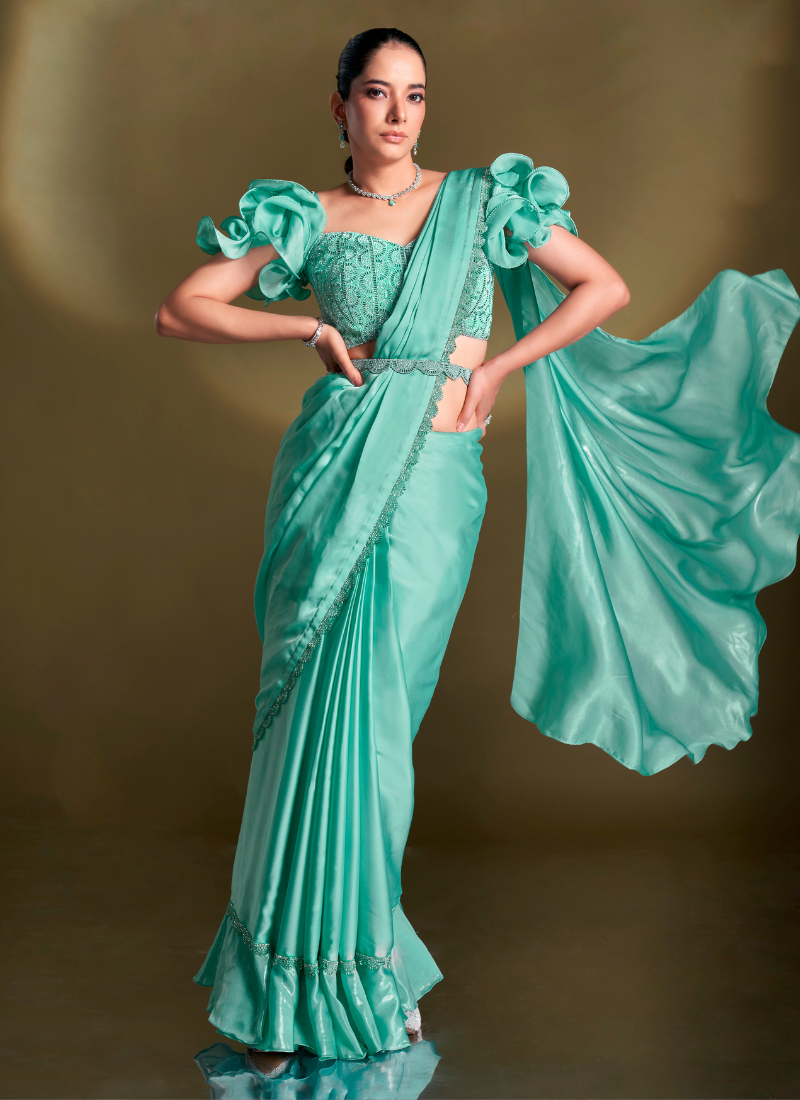 Party Wear Pre Stitched Mint Green Satin Silk Saree With Designer Blouse