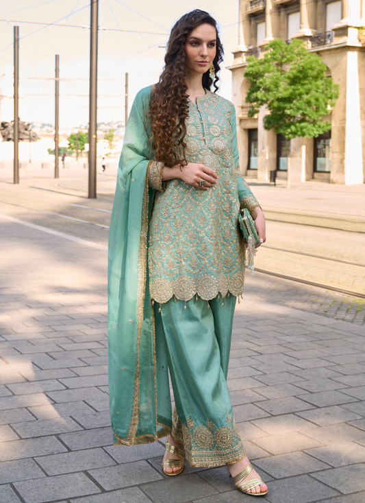 Sea Green Simar Silk Salwar Suit with Dupatta for Indian Wedding and Pakistani Festival