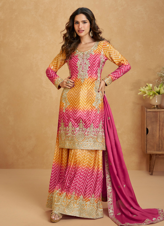Pink and Yellow Chinon Silk Long Sleeves Sharara Suit with Dupatta – Indian Pakistani Wedding Festival Wear