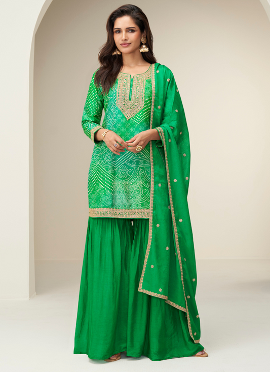 Designer Green Sharara Suit with Zari Embroidery with Dupatta for Indian Wedding and Pakistani Festival