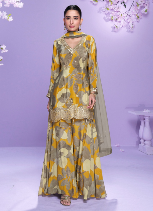Yellow and Grey Chinon Silk Palazzo Suit For Indian Wedding and Pakistani Festival
