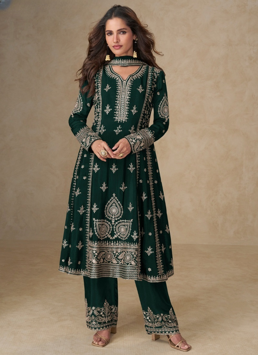 Bottle Green Chinon Silk Palazzo Suit with Dupatta for Indian and Pakistani Party Wear