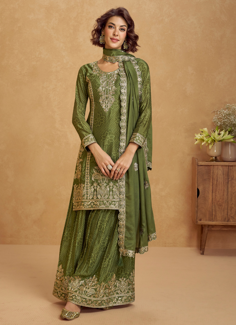 Green Chinnon Long Sleeves Embroidered Sharara Suit With Dupatta