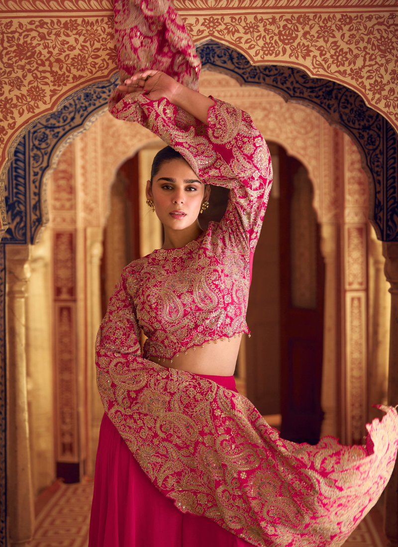 Designer Pink Silk Embroidered Cape Style Plazzo Suit  Online in USA, UK, Canada, Germany, Italy