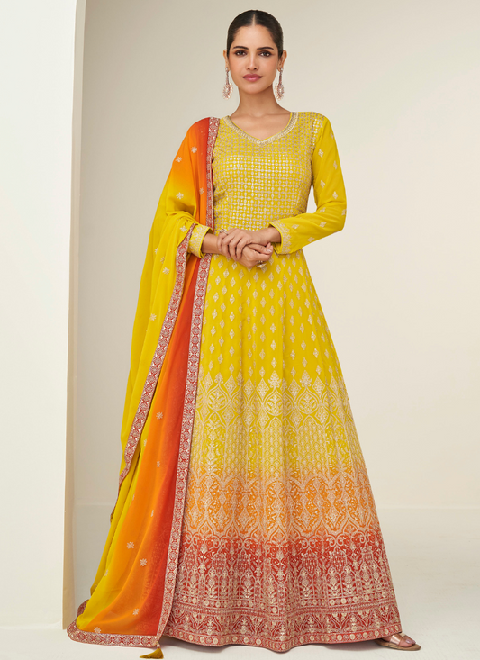 Yellow to Orange Ombre Embroidered Anarkali Gown For Pakistani Wedding and Indian Festival