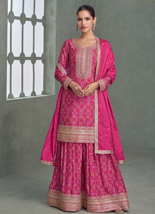 Rani Pink Chinon Silk Sharara Suit for Indian Wedding and Pakistani Festival