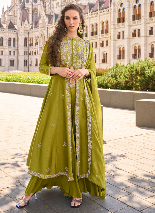 Olive Green Organza Silk Slit Kurta With Palazzo Set for Indian Wedding and Pakistani Festival