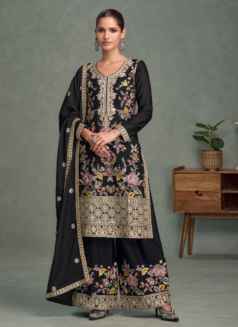 Black Chinnon Silk Embroidered Salwar Kameez with Dupatta for Indian Wedding and Pakistani Festival