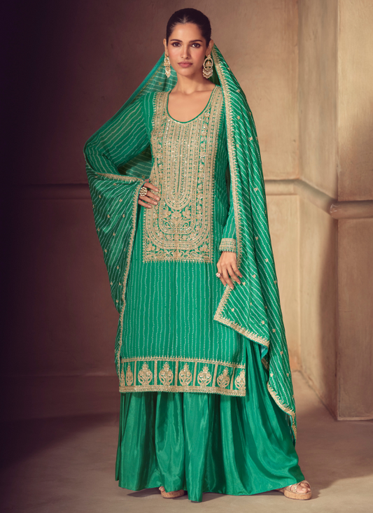 Bottle Green Chinon Sharara Suit with Dupatta for Indian Wedding and Pakistani Festival