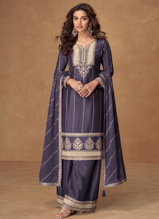 Party Wear Slate Blue Chinon Embroidered Plazzo Suit