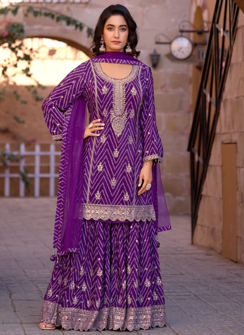 Purple Chinnon Embroidered Sharara Suit with Dupatta for Indian Wedding and Pakistani Festival – Zari and Sequin Detailing