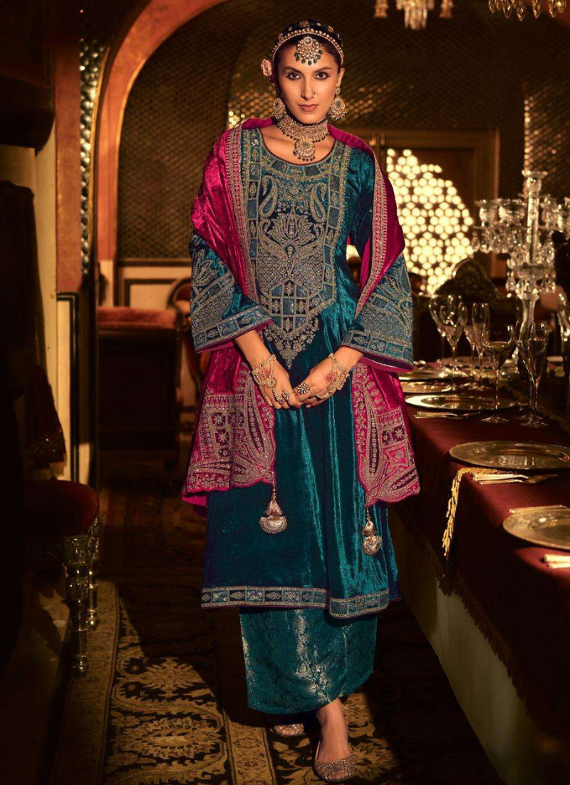 Shop Teal Velvet Embroidered Suit with Magenta Dupatta