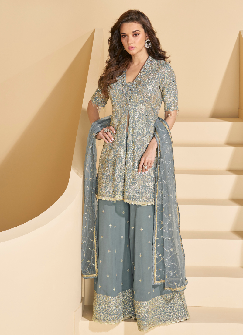Designer Slate Blue Party Wear Georgette Sharara Suit with Dupatta
