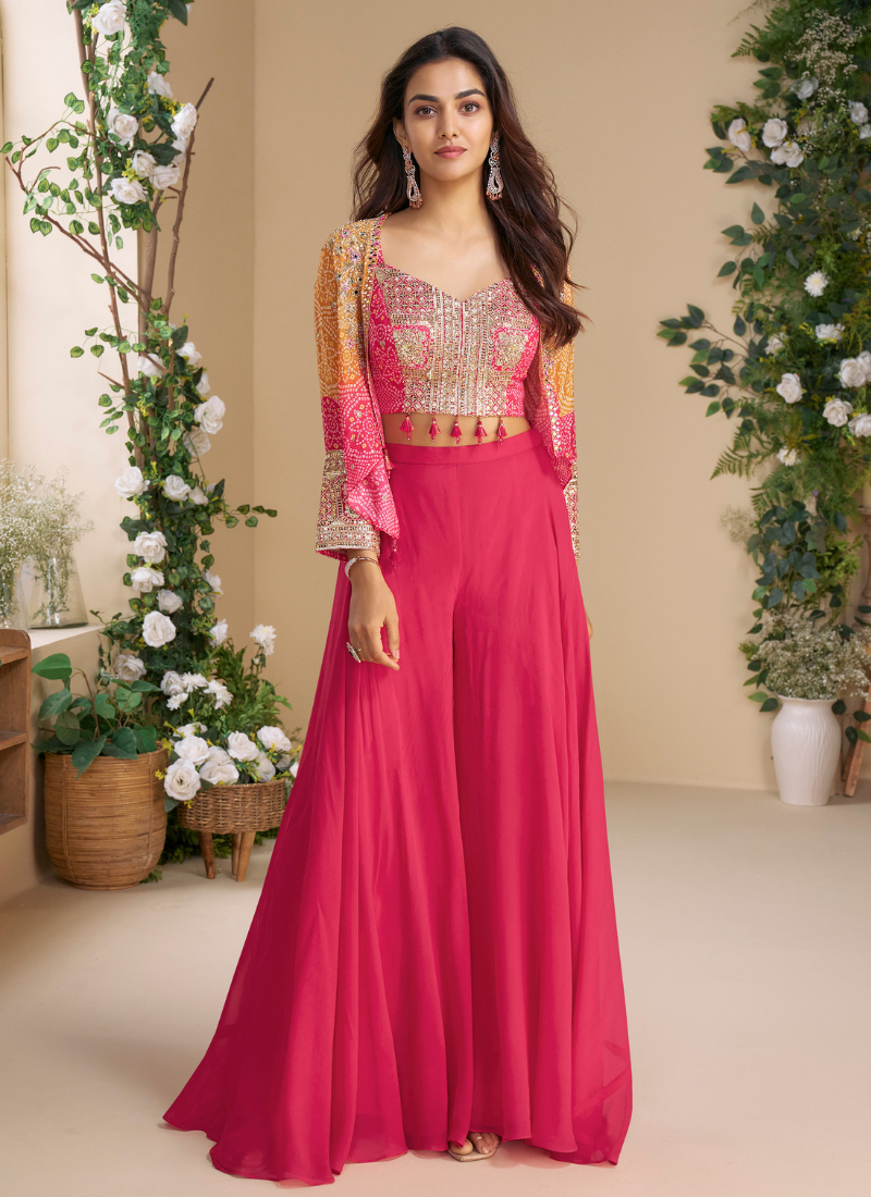 Rani Pink Real Chinon Silk Indo-Western Plazzo Set with Organza Shrug for Indian and Pakistani Wedding