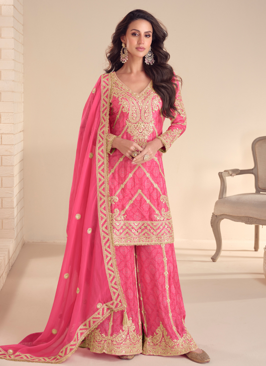 Rani Pink Chinon Palazzo Suit With Dupatta for Punjabi Wedding