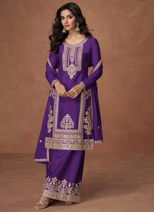 PURPLE CHINON SILK SALWAR KAMEEZ WITH DUPATTA FOR INDIAN FESTIVALS AND SPECIAL OCCASIONS