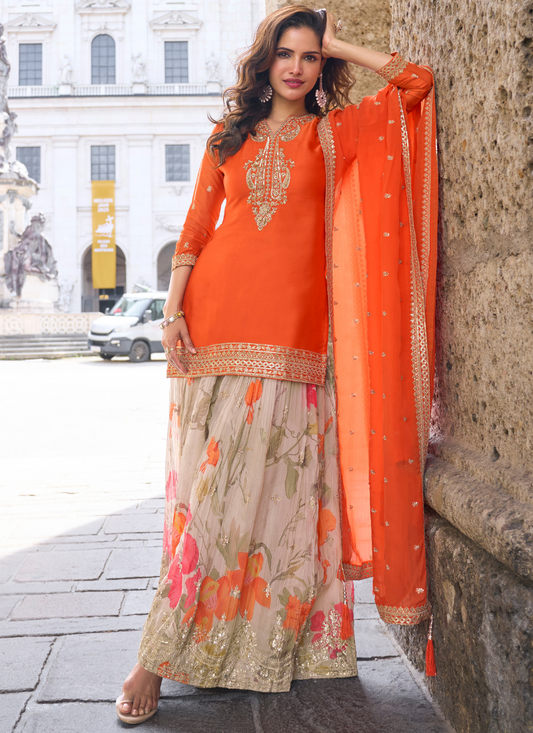 Designer Orange Chinon Palazzo Suit With Dupatta for Punjabi Wedding