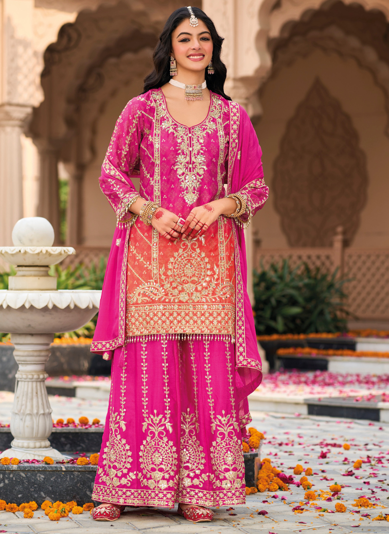 Shop Pink Chinnon Embroidered Salwar Kameez with Palazzo and Net Dupatta for Eid, Pakistani and Indian Festivals