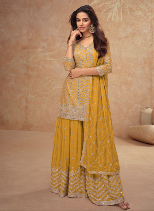 Buy Designer Yellow Chinnon Sharara Suit with Dupatta for Pakistani Weddings and Indian Festivals – Embroidery Work