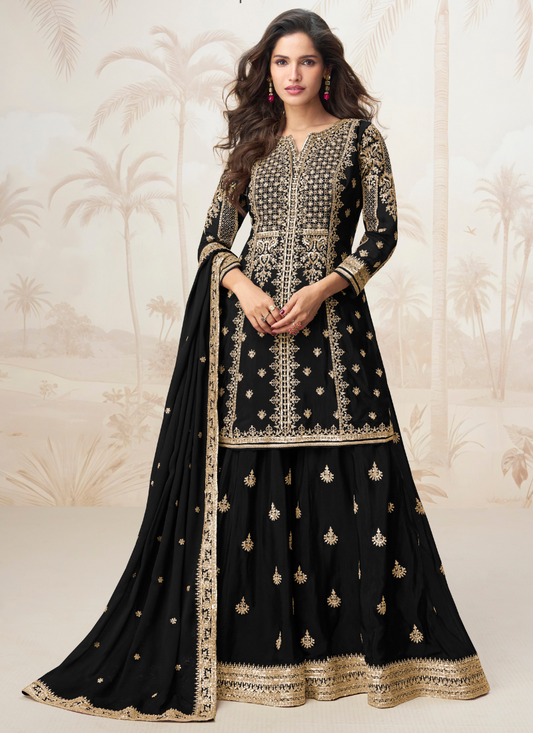 Black Chinon Silk Designer Sharara Suit with Embroidery – Pakistani Indian Eid & Wedding Wear