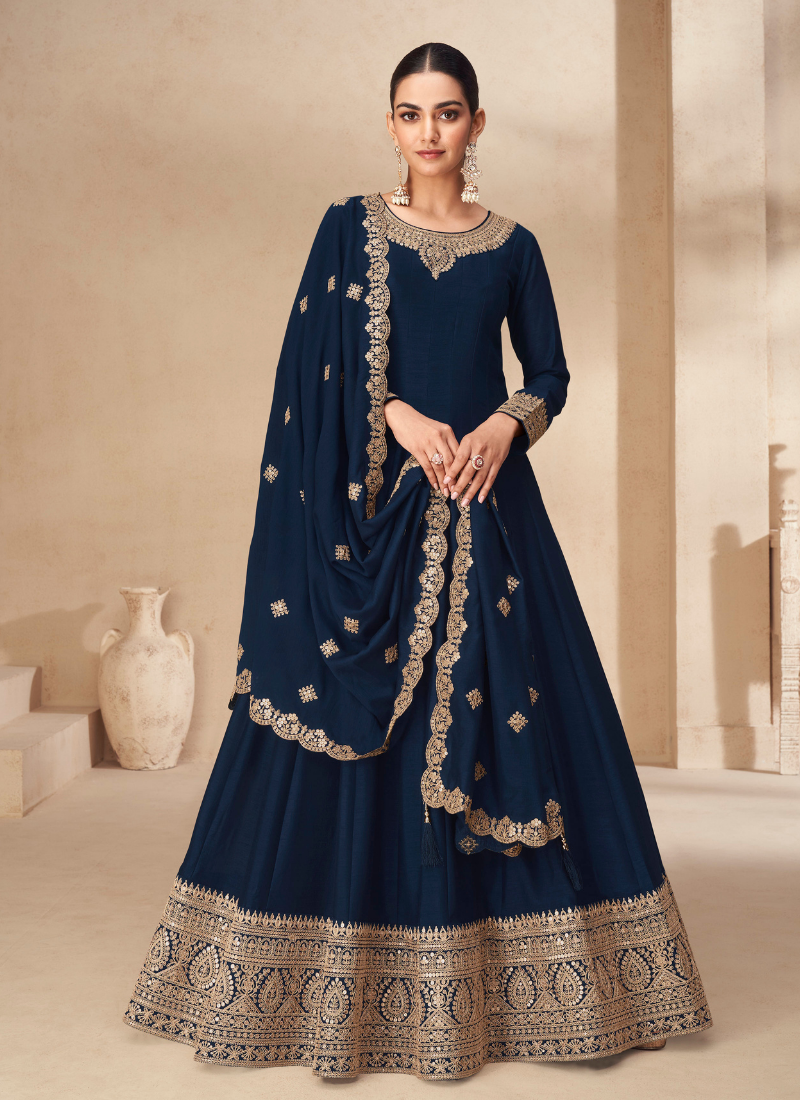 Buy Blue Silk Anarkali Gown with Dupatta for Eid celebrations, Pakistani weddings, and Indian festivals- Bindyaa Buy Blue Silk Anarkali Gown with Dupatta for Eid celebrations, Pakistani weddings, and Indian festivals- Bindyaa