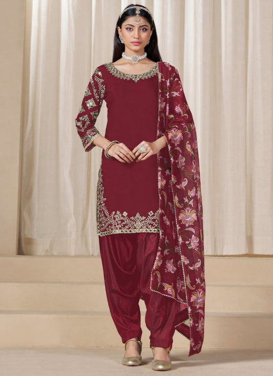 Maroon Roman Silk Punjabi Salwar Suit with Embroidery & Chanderi Dupatta – Indian Pakistani Wedding & Festival Wear