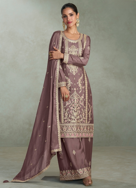 Dusty Grey Chinon Silk Embroidered Palazzo Suit For Indian Wedding and Pakistani Festival