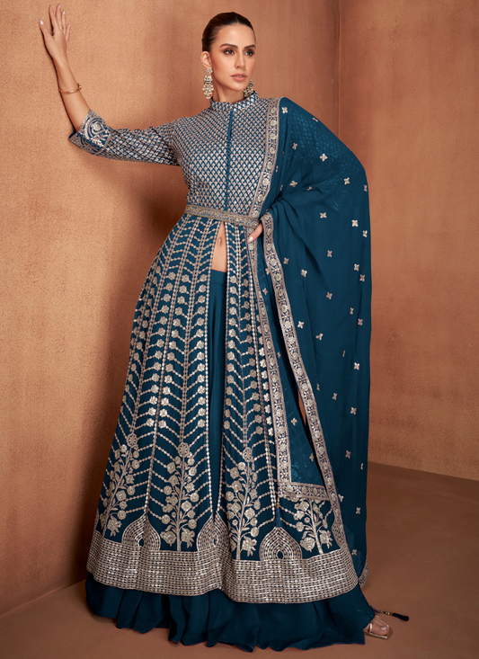 Teal Blue Georgette embroidered Long Sleeve Anarkali Gown with Dupatta for Indian Weddings and Pakistani Festivals