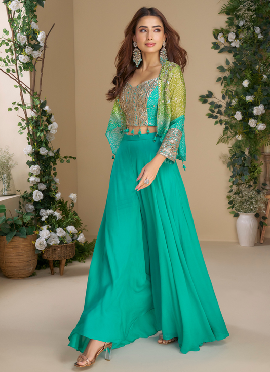 Designer Teal Green Chinon Silk Indo-Western Set with Embroidered Blouse and Shrug – Indian Pakistani Wedding Look