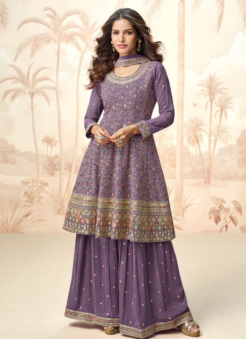 Purple Chiffon Sharara Suit with Dupatta for Indian Pakistani Wedding and Festival –Long Sleeve, Multi Embroidery Work