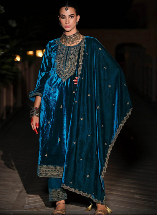 Buy Online Blue Velvet Pakistani Suit with Dupatta at Bindyaa