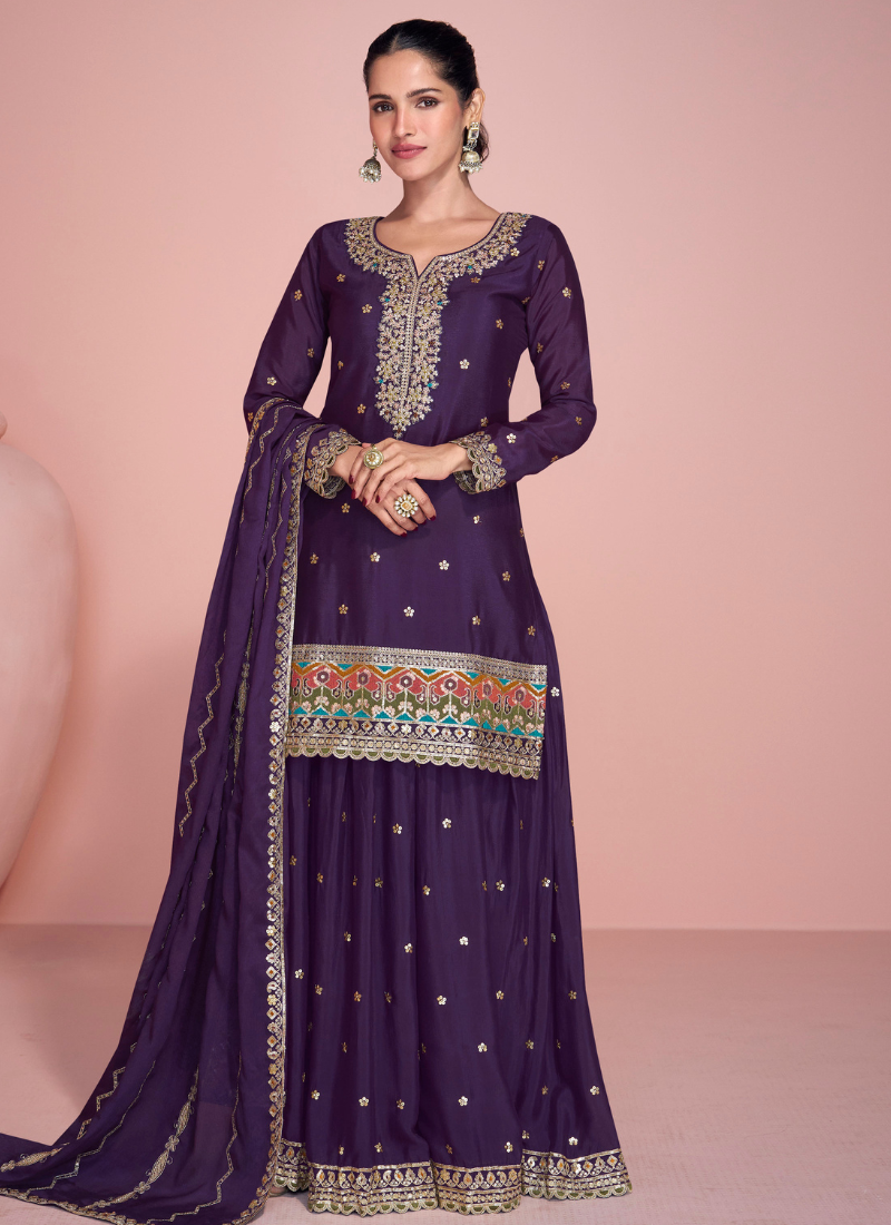 Purple Chinnon Silk Long Sleeve Sharara Suit with Dupatta for Pakistani Weddings and Indian Festivals