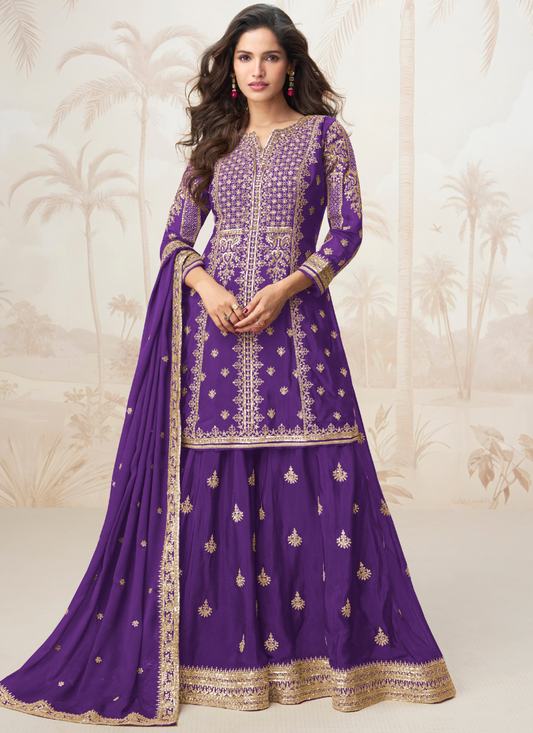 Purple Chinon Silk Embroidered Sharara Suit with Dupatta – Indian Pakistani Festival Outfit