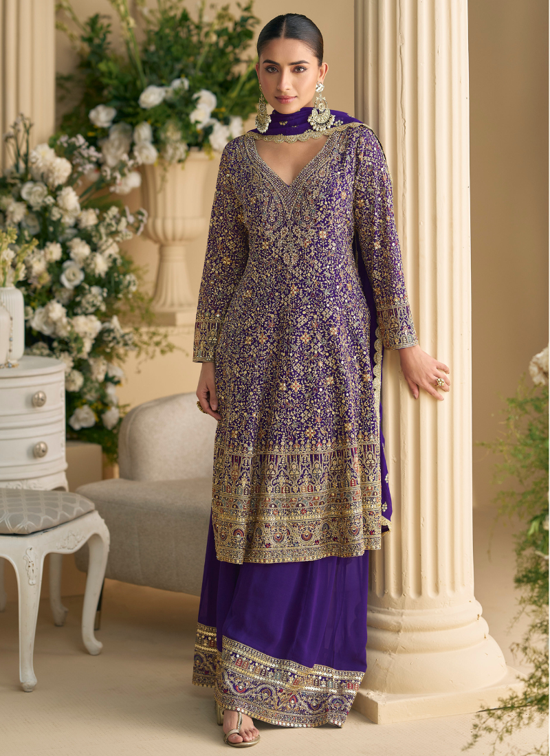Party Wear Royal Blue Ggeorgette Long Sleeves Sharara Suit