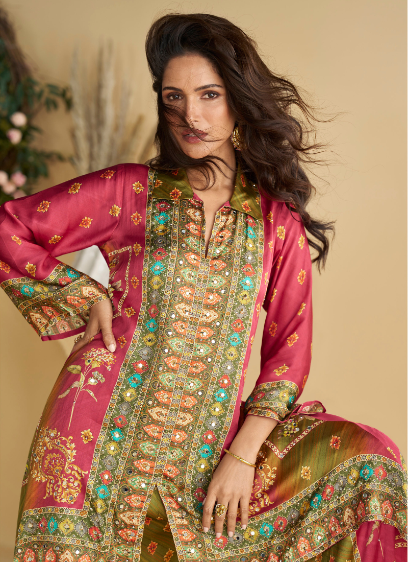 Magenta & Olive Green Crape Silk Printed Palazzo Set for Indian Wedding and Pakistani Festival