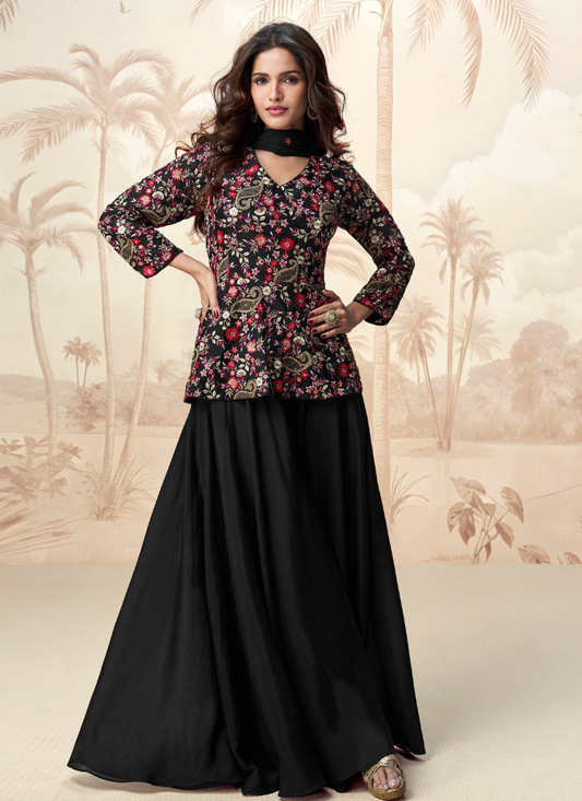 Black Chinon Silk Top with Flared Plazzo Set for Indian Pakistani Wedding and Festival – Floral Embroidery Work