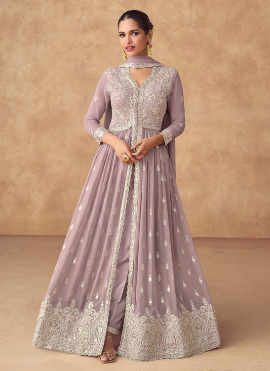Mauve Georgette Slit Style Anarkali Suit for Indian Festival and Pakistani Wedding