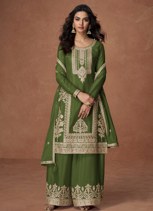 OLIVE GREEN CHINON SILK SALWAR KAMEEZ WITH DUPATTA FOR INDIAN FESTIVAL AND WEDDING