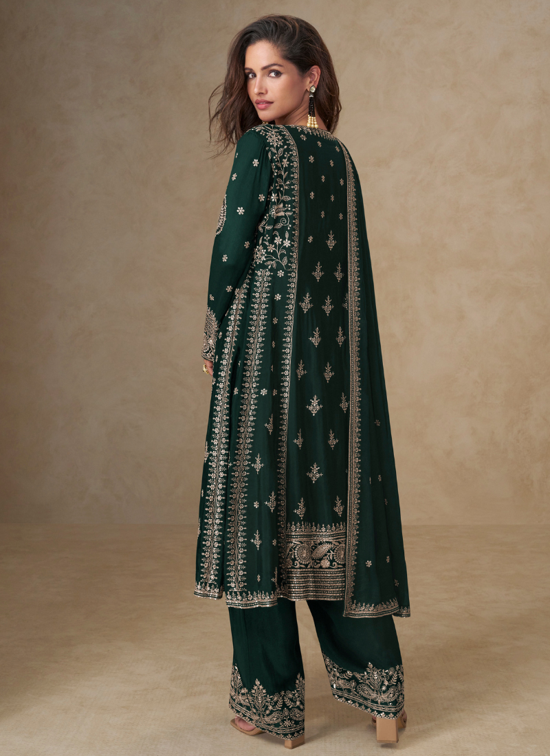 Bottle Green Chinon Silk Palazzo Suit with Dupatta for Indian and Pakistani Party Wear
