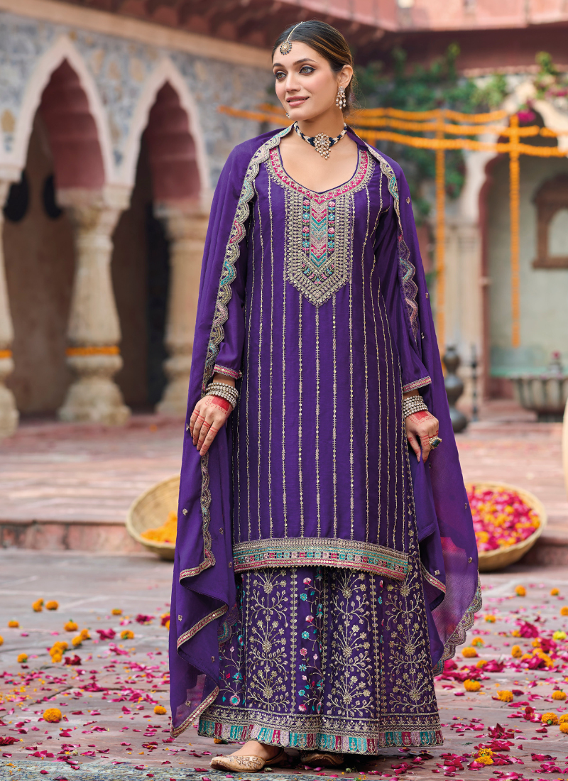 Buy Designer Chinnon Silk Sharara Suit Online