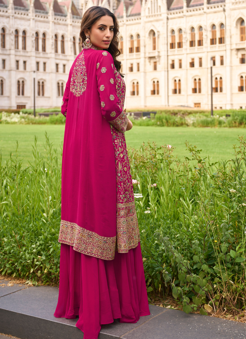 Designer Magenta Pink Indo-Western Georgette Jacket Style Shrug with Palazzo