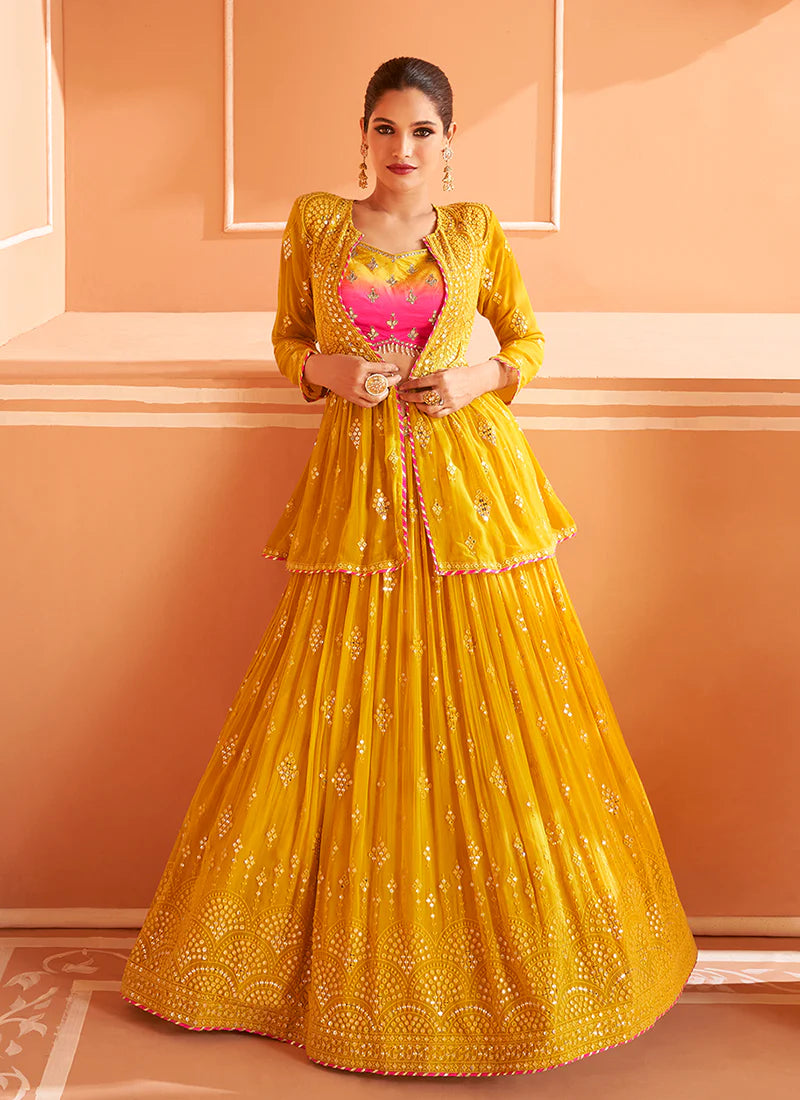 Chic Yellow Lehenga Choli with Sequin Embroidered Jacket