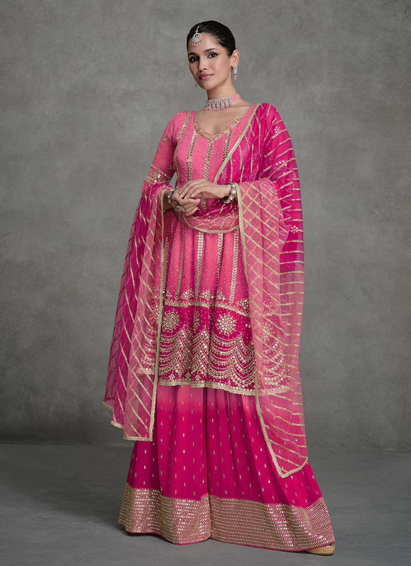 Find occasion-ready Sharara Suit with dupatta and designer details.